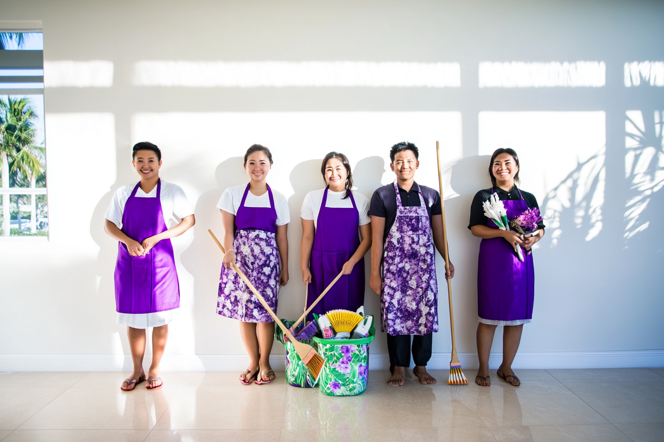 Happy group of cleaners starting their cleaning company in california
