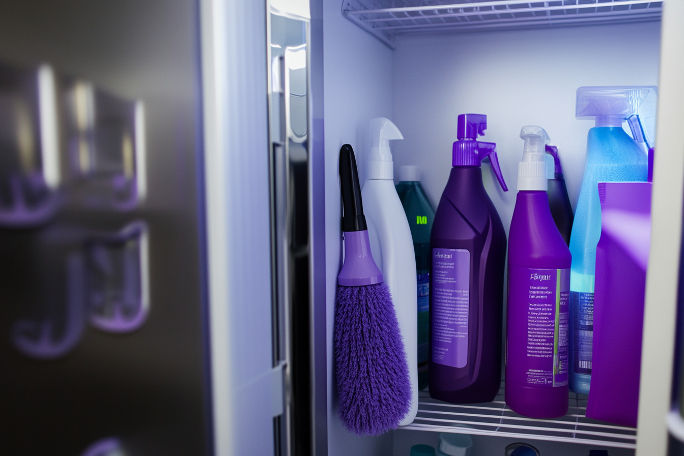 An illustration of essential cleaning solutions like all-purpose cleaner and glass cleaner.