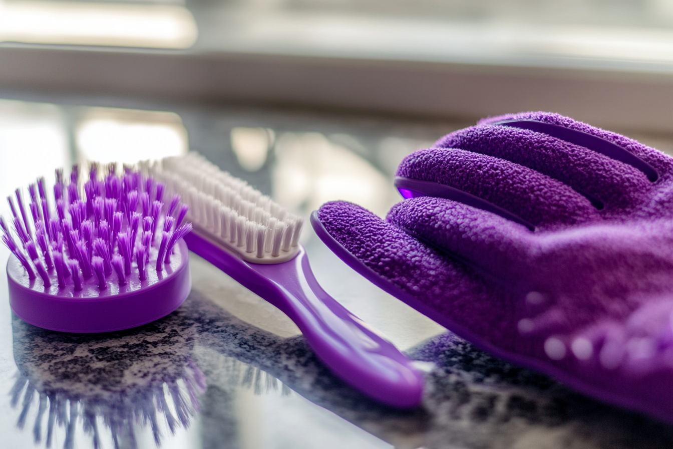bathroom cleaning supplies including toilet brush and bathroom cleaners.