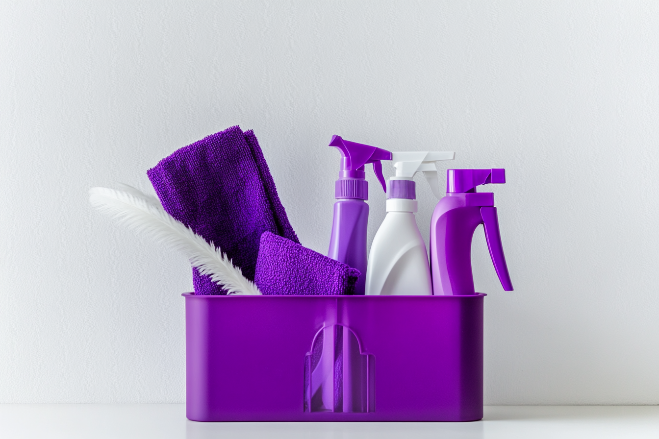 An illustration showcasing basic cleaning tools, including a broom, mop, and scrub brush.