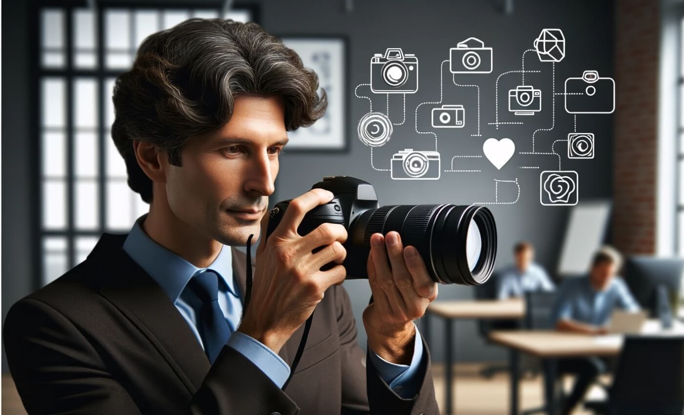 The Staff Member Focused and Engaged in Photography, With Subtle Icons of Social Media in the Background